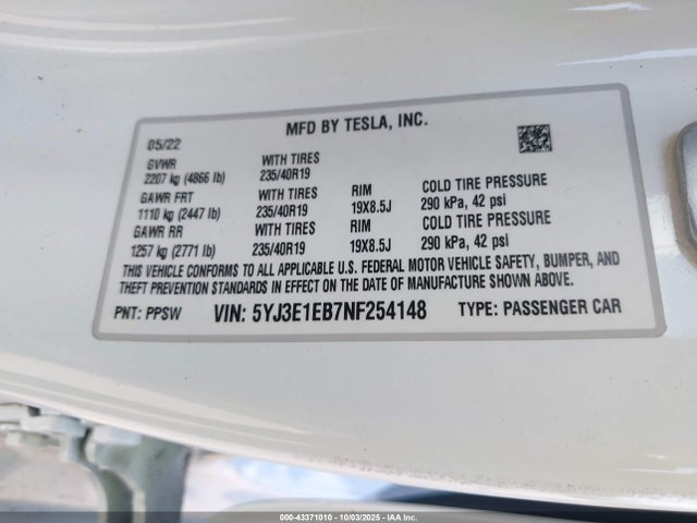 2022 TESLA MODEL 3 5YJ3E1EB7NF254148 Photo 8