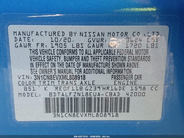 Nissan Versa 2021 3N1CN8EVXML808918 Image 9