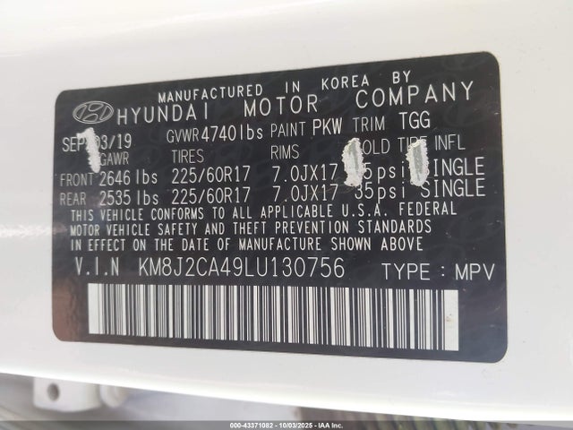 43371082 :رقم المزاد ، KM8J2CA49LU130756 vin ، 2020 Hyundai Tucson Se مزاد بيع