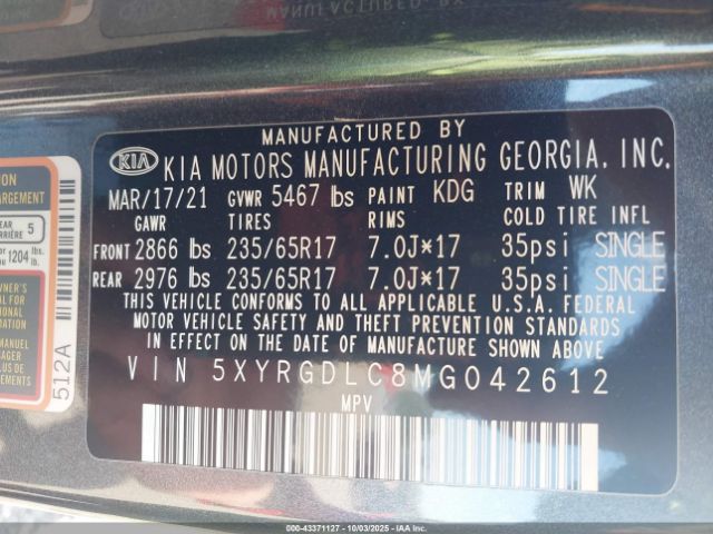 2021 KIA SORENTO 5XYRGDLC8MG042612 Photo 8