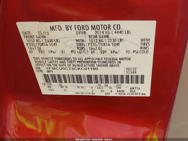 2012 FORD ESCAPE 1FMCU0C73CKC01180 Photo 8