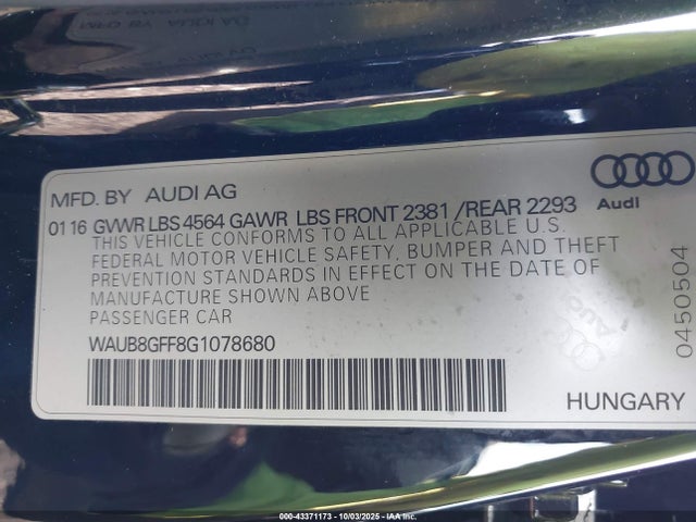 2016 AUDI A3 WAUB8GFF8G1078680 Photo 8