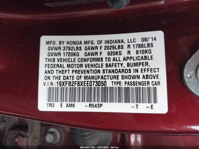 Honda r18z1 2014 19XFB2F8XEE073050 Image 9