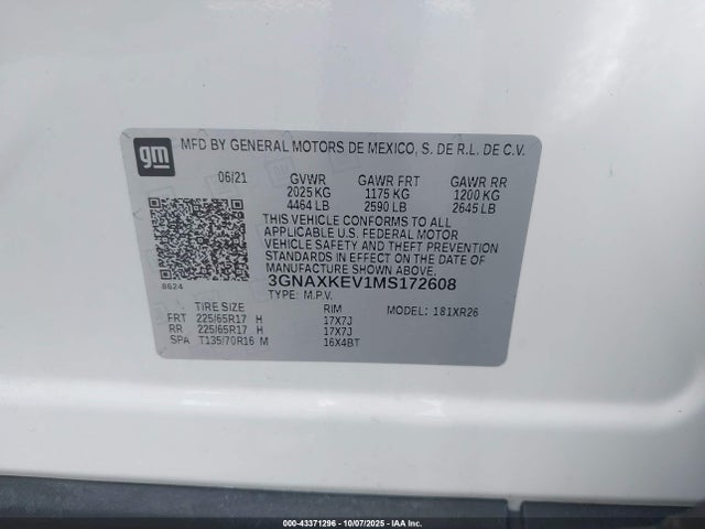 Aukcja sprzedaży 2021 Chevrolet Equinox Fwd Lt, vin: 3GNAXKEV1MS172608, numer aukcji: 43371296