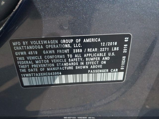 2017 VOLKSWAGEN PASSAT 1VWBT7A3XHC043964 Photo 8