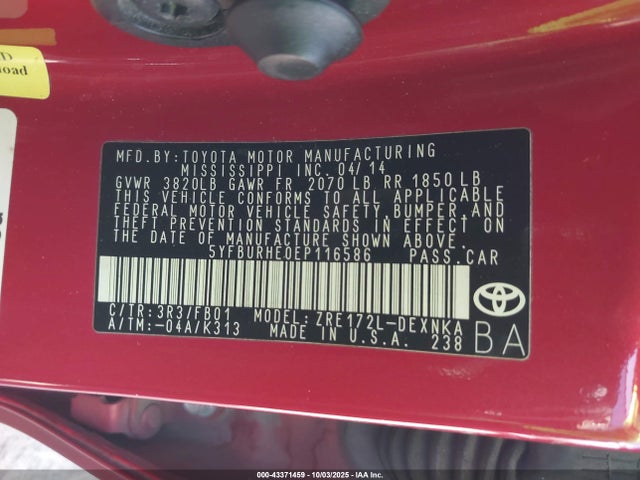 Toyota 2zr-fe 2014 5YFBURHE0EP116586 Image 9