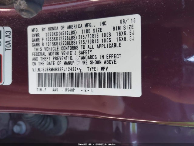 Honda CR-V LX 2015 5J6RM4H33FL124234 Image 9