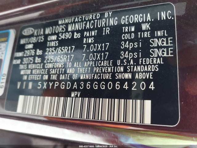 Aukcja sprzedaży 2016 Kia Sorento 2.4l Lx, vin: 5XYPGDA36GG064204, numer aukcji: 43371608