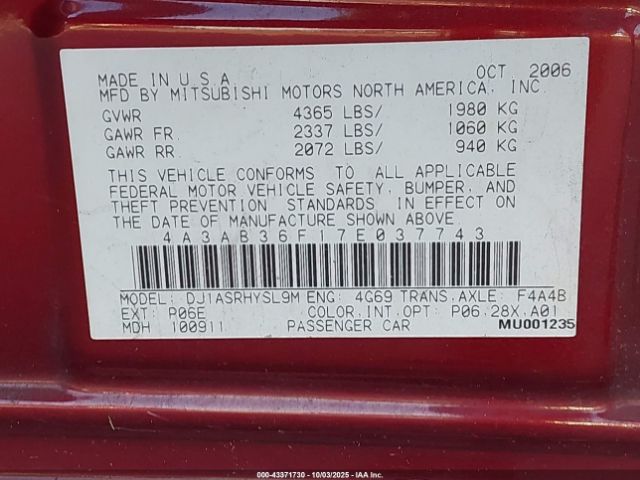 2007 MITSUBISHI GALANT 4A3AB36F17E037743 Photo 8