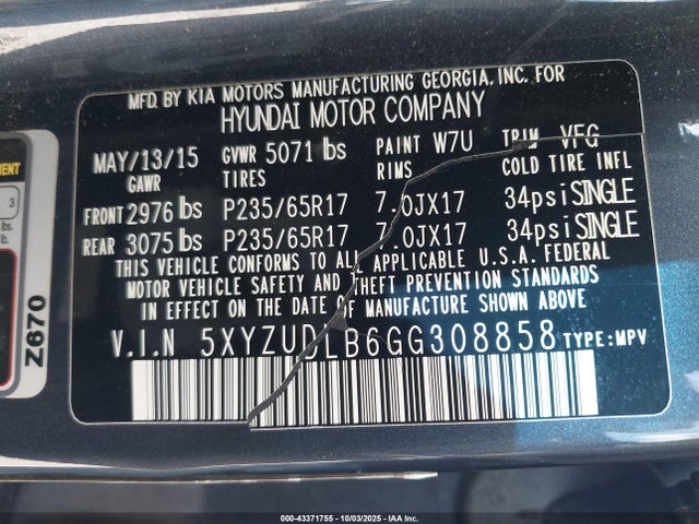 5XYZUDLB6GG308858 Hyundai gdi theta ii