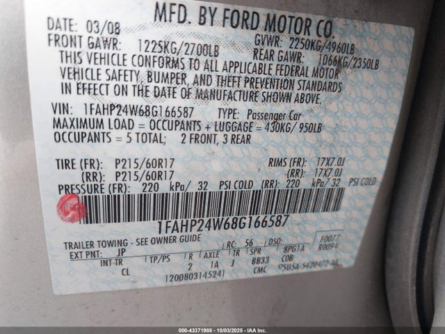 43371988 :رقم المزاد ، 1FAHP24W68G166587 vin ، 2008 Ford Taurus Sel مزاد بيع