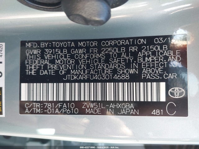 JTDKARFU4G3014688 Toyota 2zr-fxe,1nm