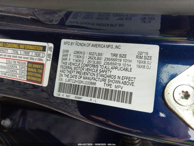 43372028 :رقم المزاد ، 5J8TC2H32KL033888 vin ، 2019 Acura Rdx Standard مزاد بيع
