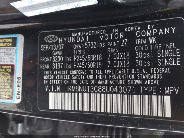 Продаж на аукціоні авто 2008 Hyundai Veracruz Gls/limited/se, vin: KM8NU13C88U043071, номер лоту: 43372203