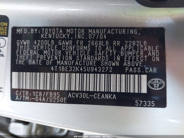 Aukcja sprzedaży 2005 Toyota Camry Le, vin: 4T1BE32K45U943272, numer aukcji: 43372289