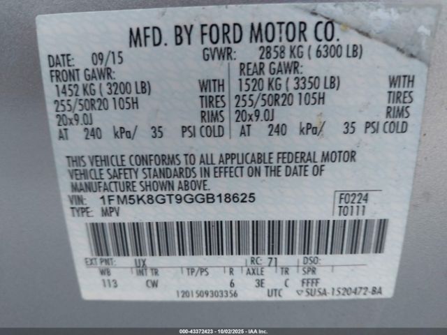 2016 FORD EXPLORER 1FM5K8GT9GGB18625 Photo 8