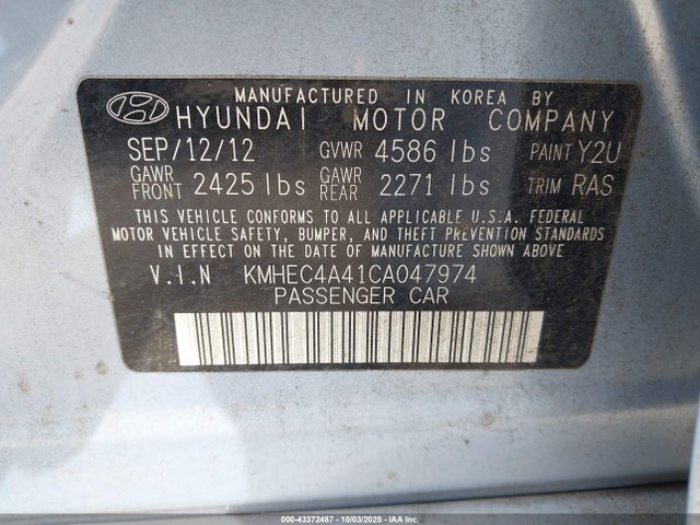 Aukcja sprzedaży 2012 Hyundai Sonata Hybrid, vin: KMHEC4A41CA047974, numer aukcji: 43372487