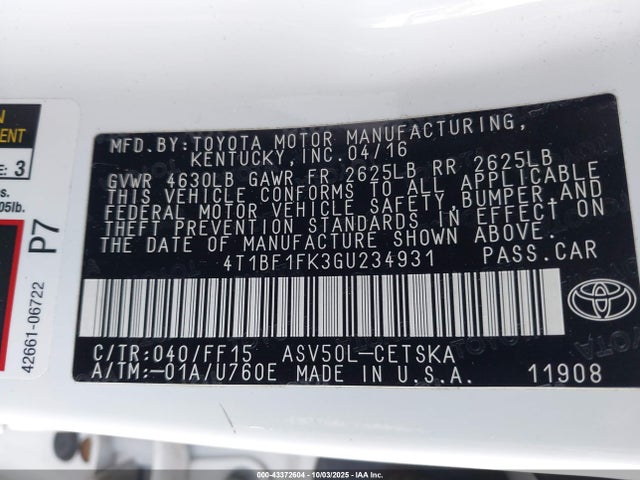 Toyota 2ar-fe 2016 4T1BF1FK3GU234931 Image 9