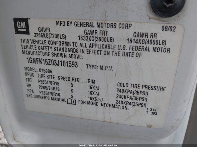 2003 CHEVROLET SUBURBAN 1500 1GNFK16Z03J101593 Photo 8