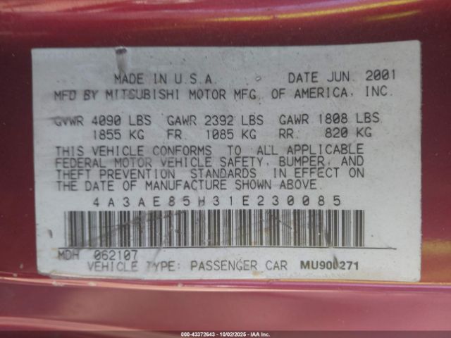 2001 MITSUBISHI ECLIPSE SPYDER 4A3AE85H31E230085 Photo 8