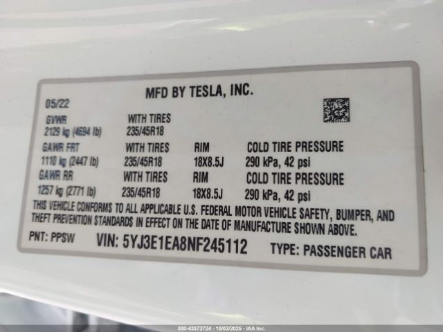 2022 TESLA MODEL 3 5YJ3E1EA8NF245112 Photo 8