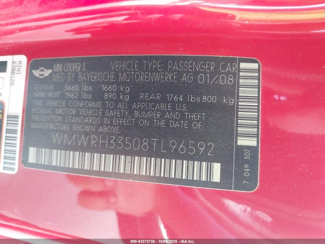 2008 MINI COOPER S WMWRH33508TL96592 Photo 8