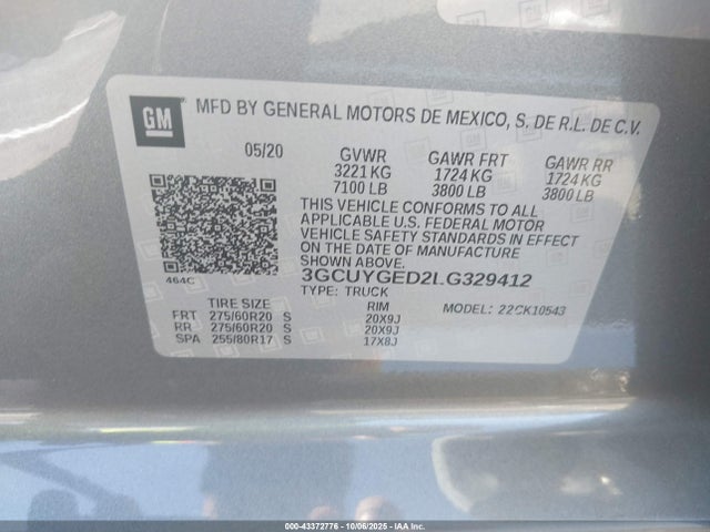 2020 Chevrolet Silverado 1500 მანქანა იყიდება აუქციონზე, vin: 3GCUYGED2LG329412, აუქციონის ნომერი: 43372776