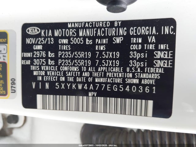 5XYKW4A77EG540361 KIA gasoline 3.3 v6 gdi lambda ii