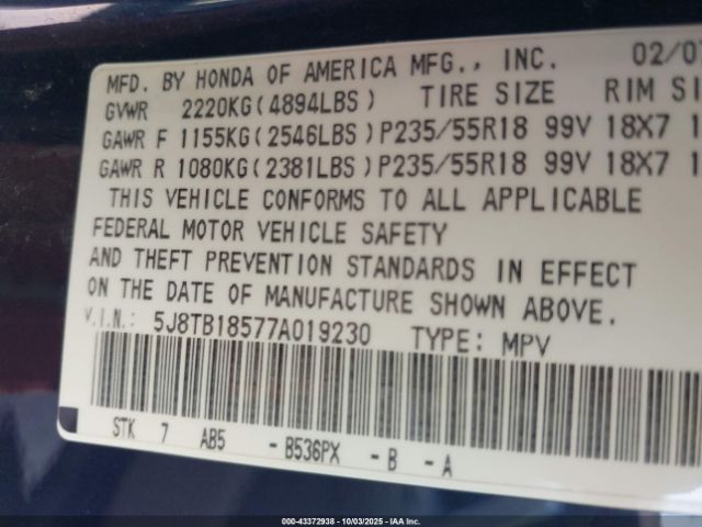 2007 ACURA RDX 5J8TB18577A019230 Photo 8