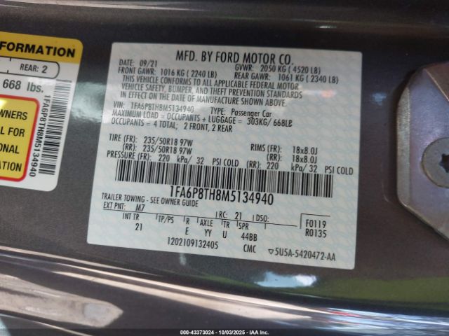 2021 FORD MUSTANG 1FA6P8TH8M5134940 Photo 8