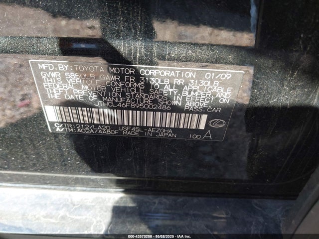 Aukcja sprzedaży 2009 Lexus Ls 460, vin: JTHCL46F895002486, numer aukcji: 43373250