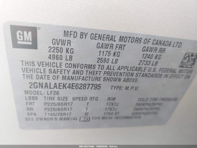 43373349 :رقم المزاد ، 2GNALAEK4E6287795 vin ، 2014 Chevrolet Equinox Ls مزاد بيع