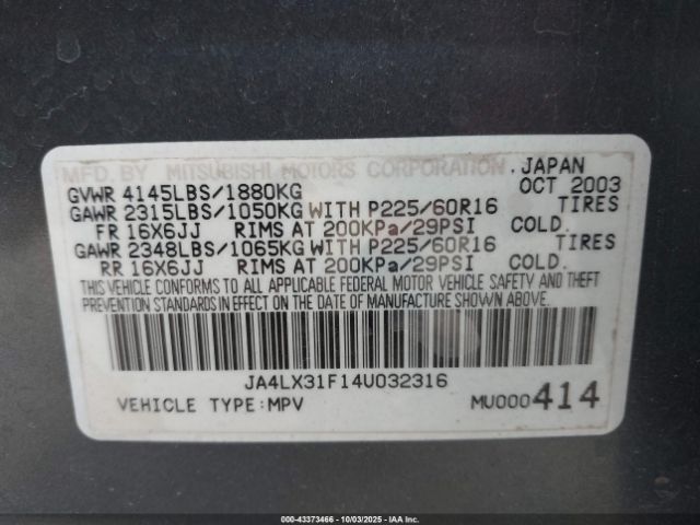 2004 MITSUBISHI OUTLANDER JA4LX31F14U032316 Photo 8