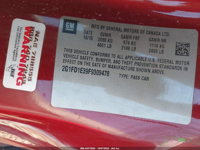 2G1FD1E39F9309478 Chevrolet Camaro 1lt