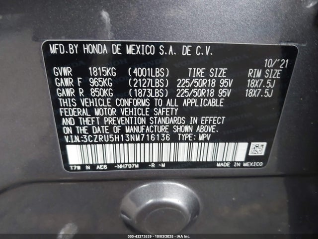 3CZRU5H13NM716136 Honda Hr-v 2wd Sport