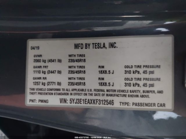 2019 TESLA MODEL 3 5YJ3E1EAXKF312546 Photo 8
