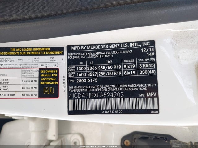 4JGDA5JBXFA524203 Mercedes-Benz Ml-Class