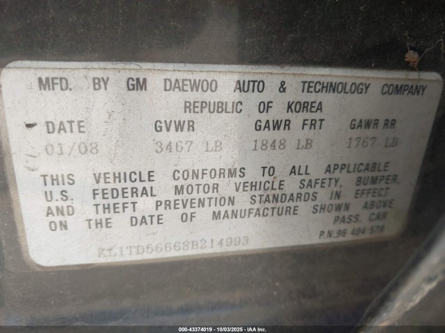 43374019 :رقم المزاد ، KL1TD56668B214993 vin ، 2008 Chevrolet Aveo Ls مزاد بيع