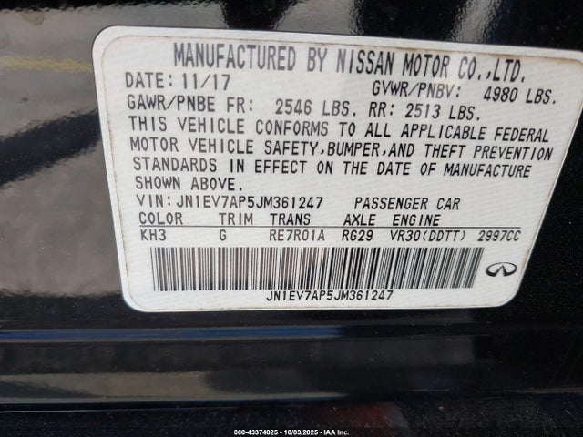 Продаж на аукціоні авто 2018 Infiniti Q50 3.0t Luxe, vin: JN1EV7AP5JM361247, номер лоту: 43374025