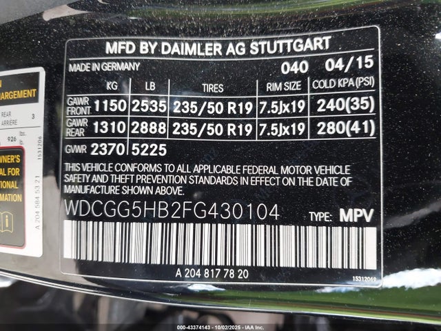 WDCGG5HB2FG430104 Mercedes-Benz GLK 350
