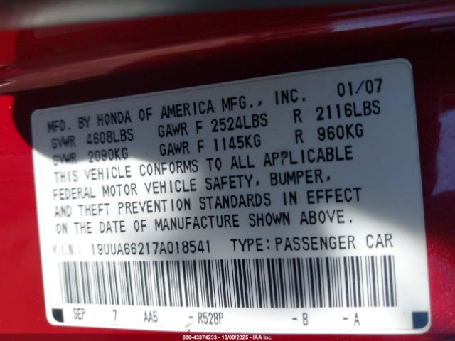 2007 ACURA TL 19UUA66217A018541 Photo 8