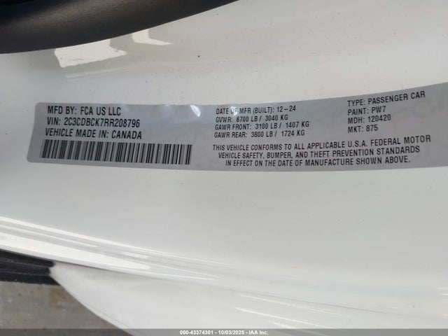 Aukcja sprzedaży 2024 Dodge Charger Daytona R/t Awd, vin: 2C3CDBCK7RR208796, numer aukcji: 43374301