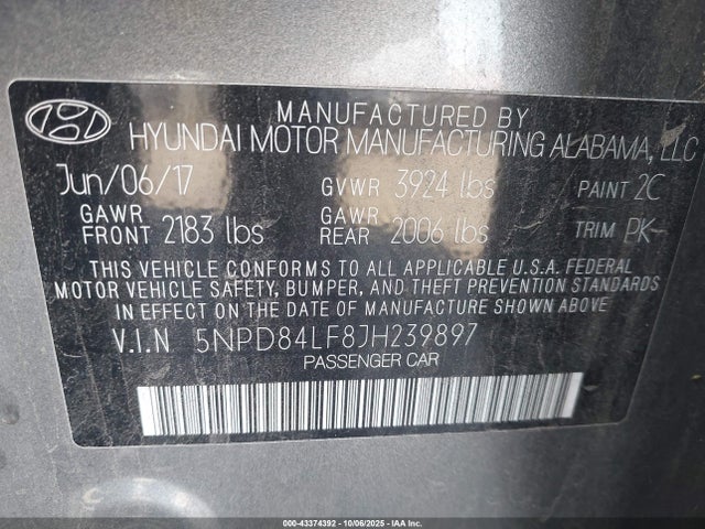5NPD84LF8JH239897 Hyundai ELANTRA SEL