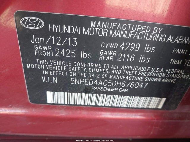 Aukcja sprzedaży 2013 Hyundai Sonata Gls, vin: 5NPEB4AC5DH676047, numer aukcji: 43374412