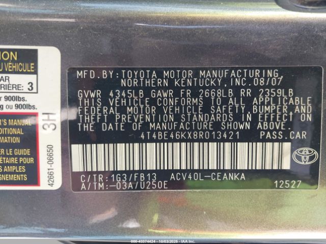 2008 TOYOTA CAMRY 4T4BE46KX8R013421 Photo 8