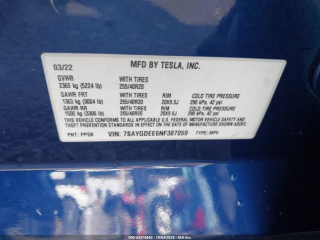 2022 TESLA MODEL Y 7SAYGDEE6NF387059 Photo 8