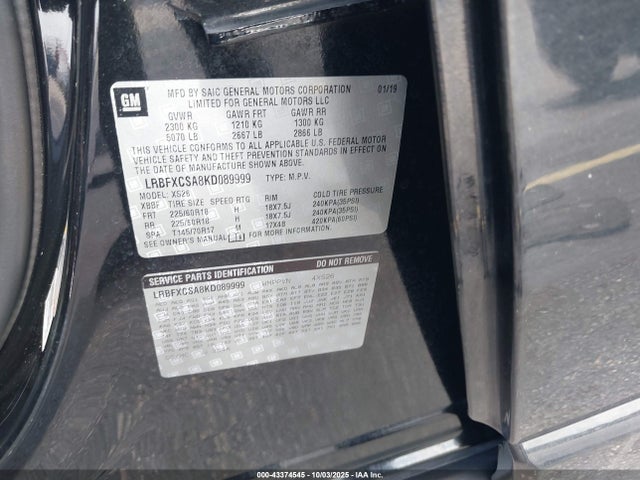 2019 Buick Envision Fwd Essence მანქანა იყიდება აუქციონზე, vin: LRBFXCSA8KD089999, აუქციონის ნომერი: 43374545