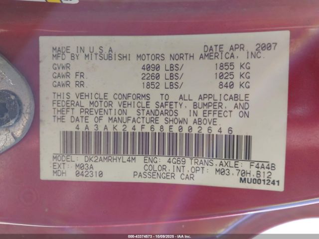 2008 MITSUBISHI ECLIPSE 4A3AK24F68E002646 Photo 8