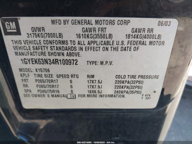 2004 CADILLAC ESCALADE 1GYEK63N34R100972 Photo 8