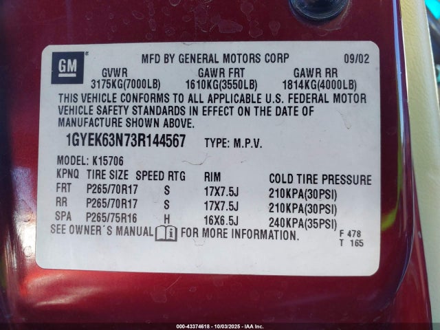 2003 CADILLAC ESCALADE 1GYEK63N73R144567 Photo 8